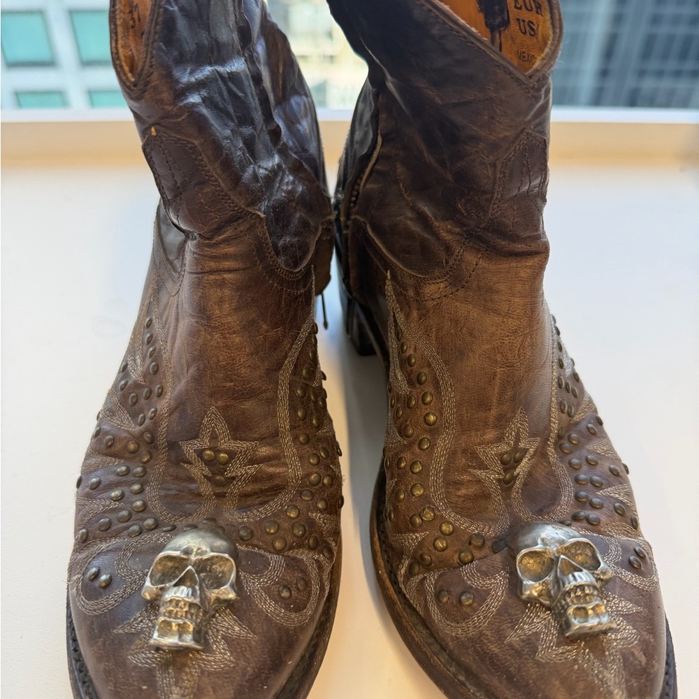 Brown Leather Cowboy Boots with Skull Detail